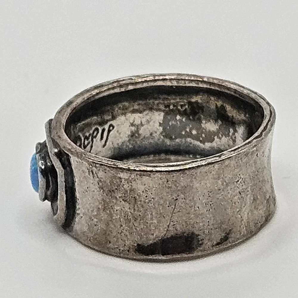 Didae Israel Sterling Silver Ring Blue Opal Heart Wide Band Size 7.75